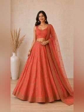 Coral Pink Embroidered Lehenga Choli – US 10